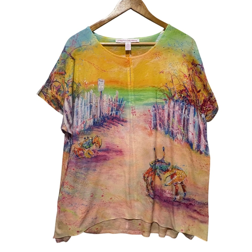 Leoma Lovgrove Women Tunic Top XL Multicolor Rhinestone Beach Scene Artwear